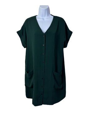 Frank And Oak Green Button Front Short Sleeve Tunic Dress Pockets Women sz Small